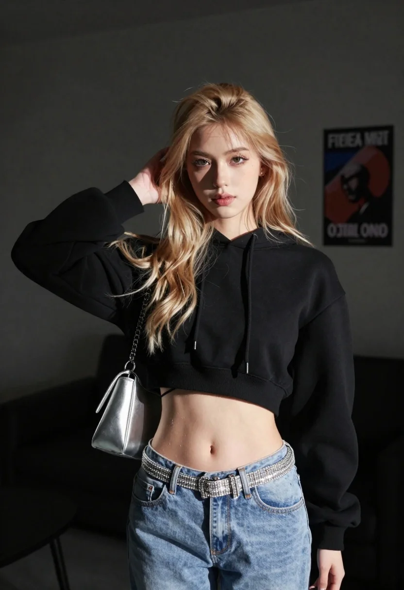 Young Woman With Long Wavy Blonde Hair Posing Indoors Subject reference photo