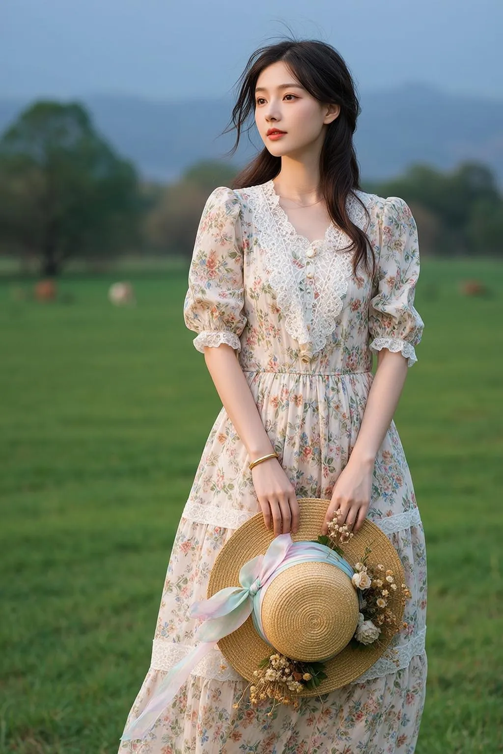 Cottagecore Stands Grassy Field Her Body Oriented