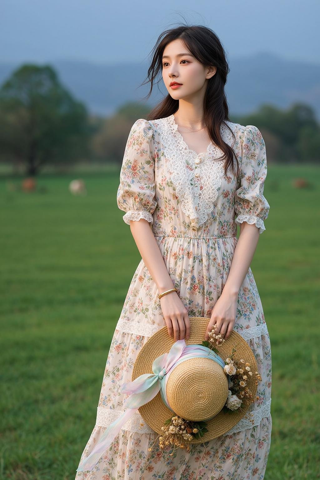 Cottagecore Stands Grassy Field Her Body Oriented