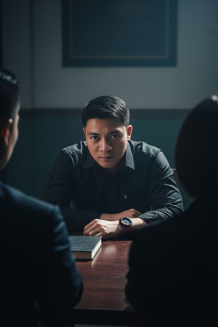 A serious middle-aged Asian man in a dimly lit room, sitting at a table with a dramatic expression and sharp shadows.