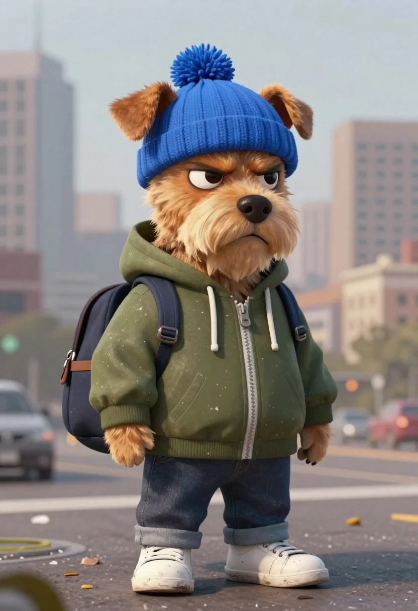 Render Grumpy-looking Dog Character Standing Urban Cityscape Subject Bearded Terrier-like reference photo