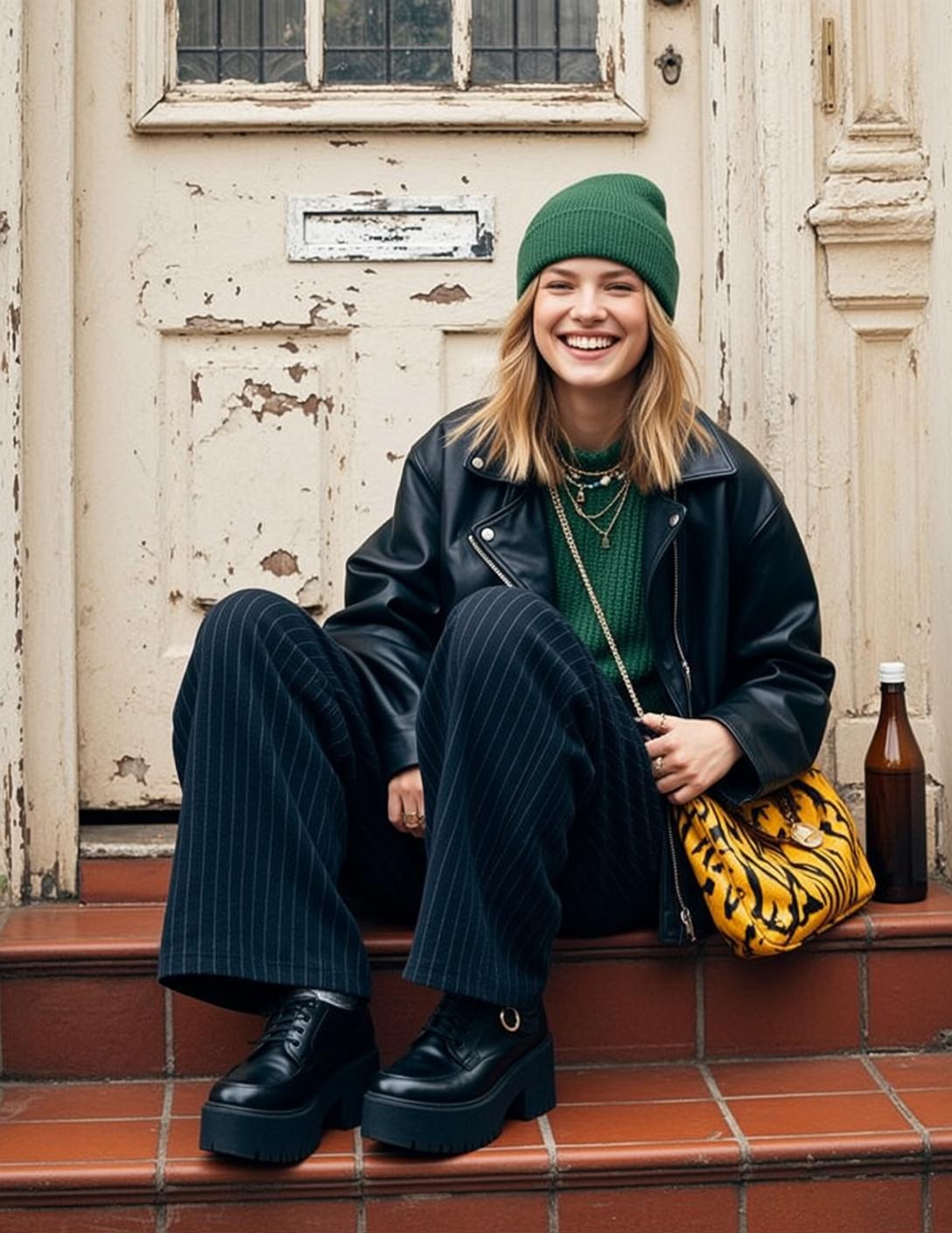 Green Sweater and Pinstripe Pants Steps
