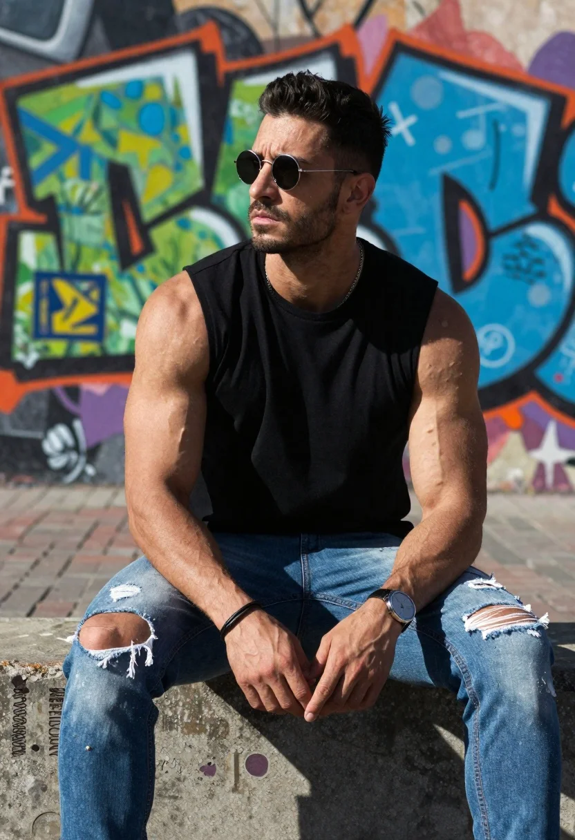 Muscular Man Sitting Concrete Ledge Urban Setting Subject Fit Man reference photo