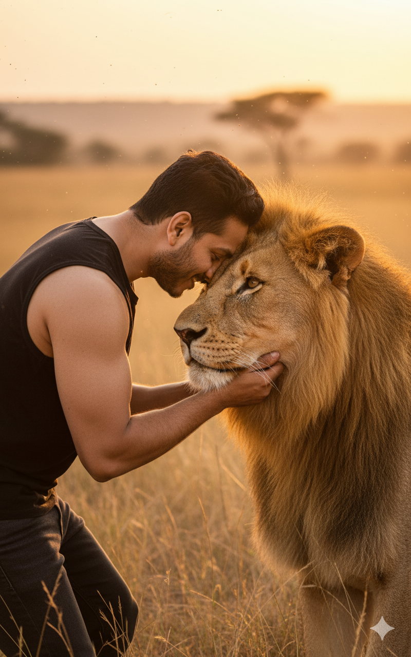A man with a warm smile leans towards a majestic lion in a golden savanna, highlighting their emotional connection.