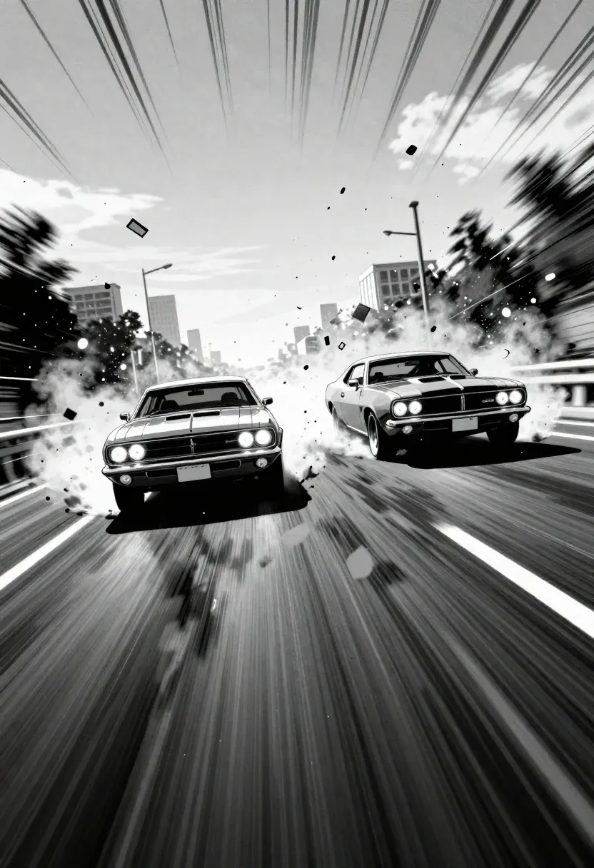 Subject Two Vintage Muscle Cars Speeding Forward With Aggressive Headlights