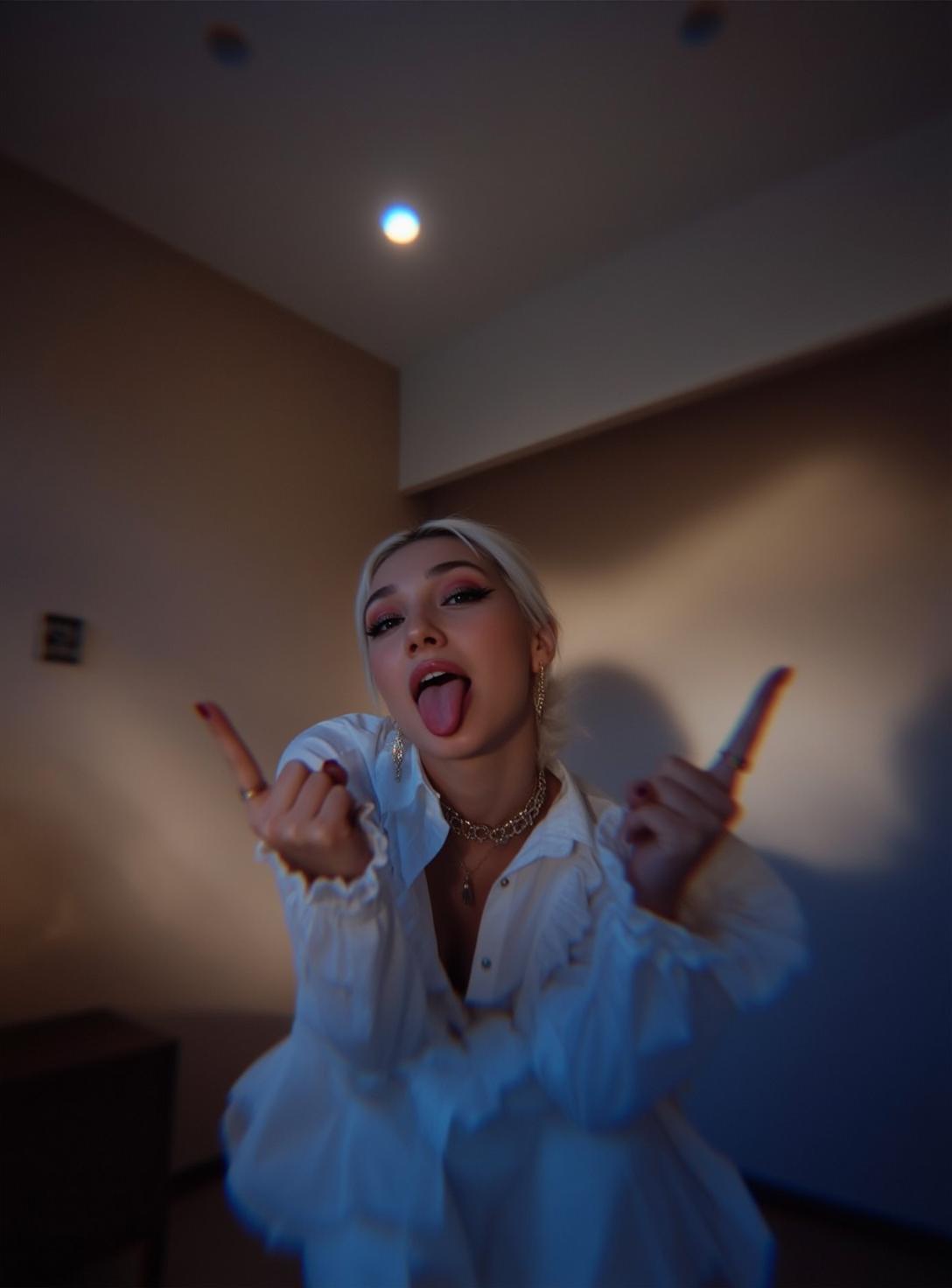 Playful Woman Sticking Tongue Out Cinematic Room