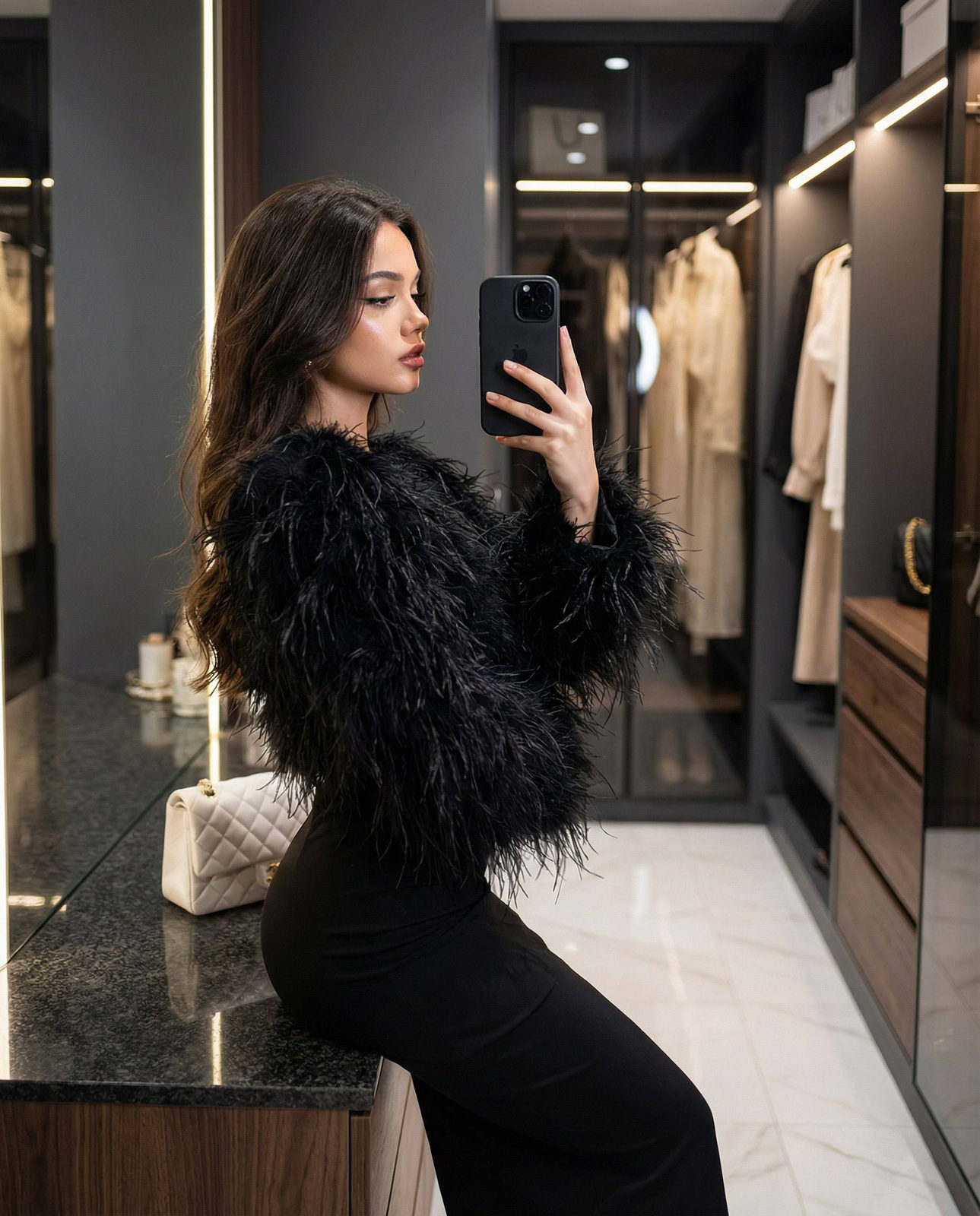 A woman in a black feather top taking a selfie in a mirror, surrounded by graphite walls and white tiled floor, warm side lighting.