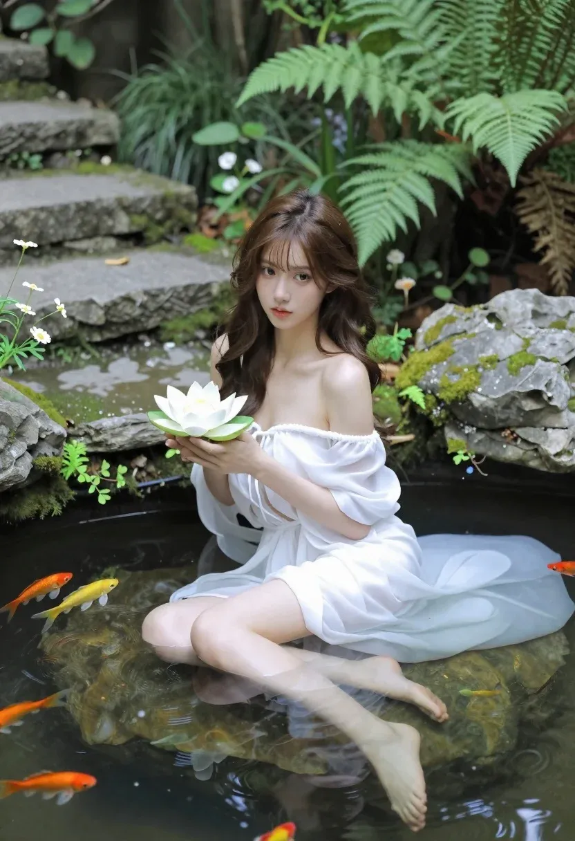 Serene Woman Sits Shallow Pool Water Holding White Lotus Flower