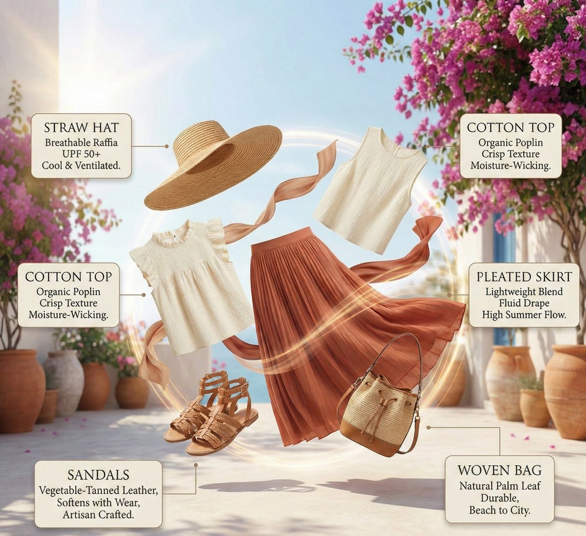 A high-fashion summer outfit infographic showcasing a straw hat, organic cotton top, pleated skirt, and artisan sandals in an elegant circular layout.