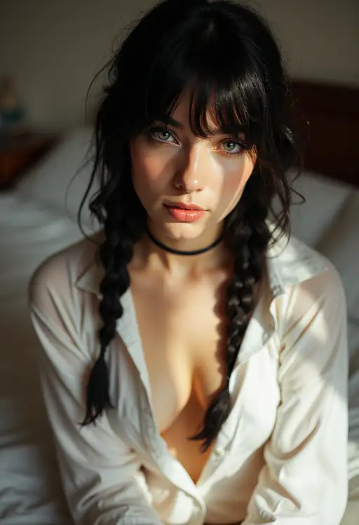 Black haired woman with bangs sitting on her bed in soft natural light, wearing an unbuttoned white shirt and slim black choker.