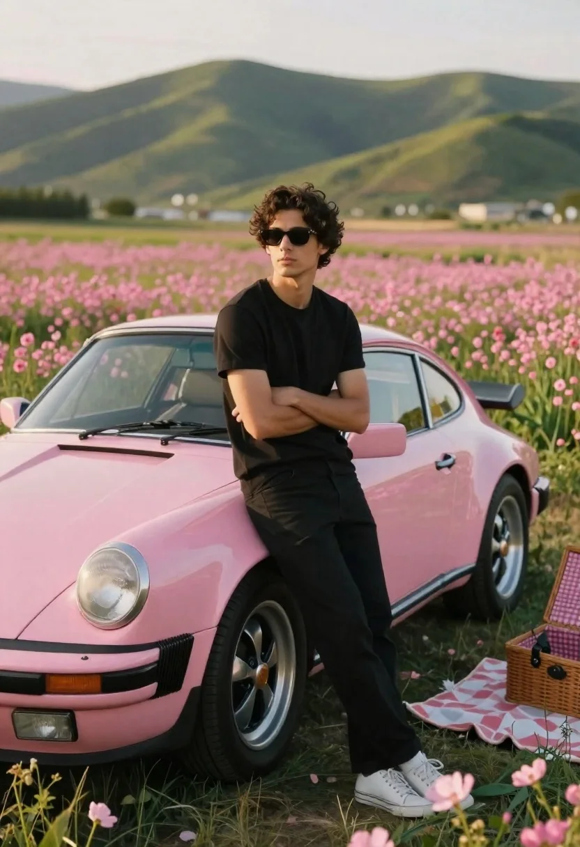 Young Man With Dark Curly Hair Stands Confidently Vibrant Field
