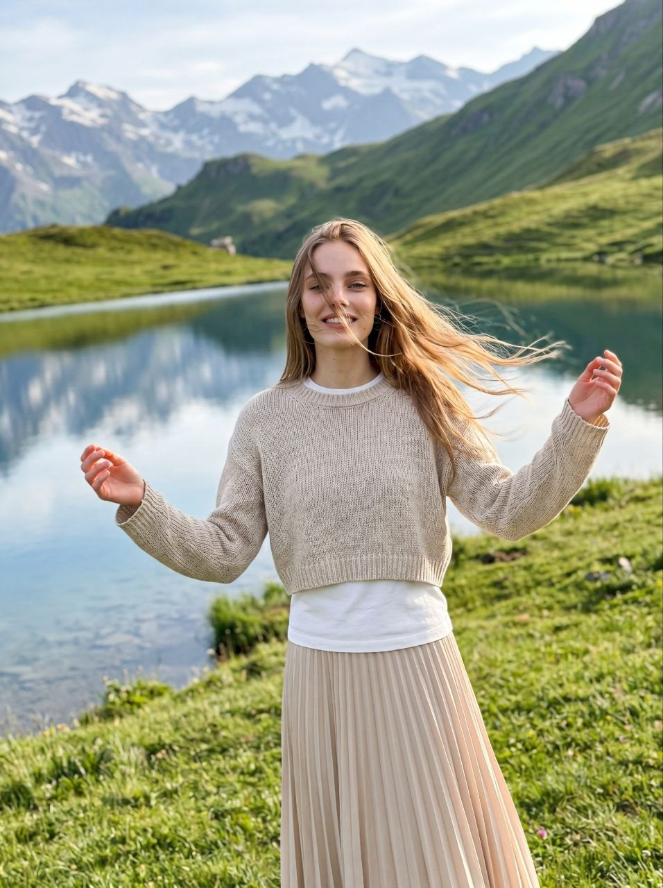 A girl in a beige skirt and cropped sweater stands in a sunlit meadow by a mountain lake, her hair flowing in the gentle breeze.