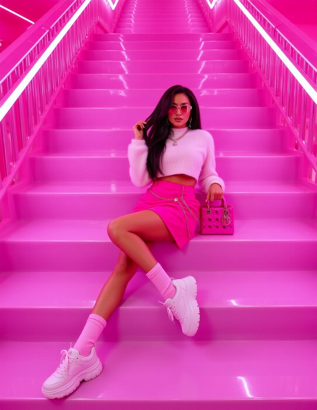 Barbiecore Seated Bright Pink Staircase Her Body