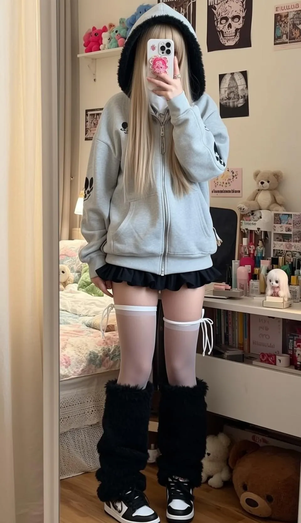 Blonde Hair Girl Grey Hoodie Ruffled Skirt Bedroom