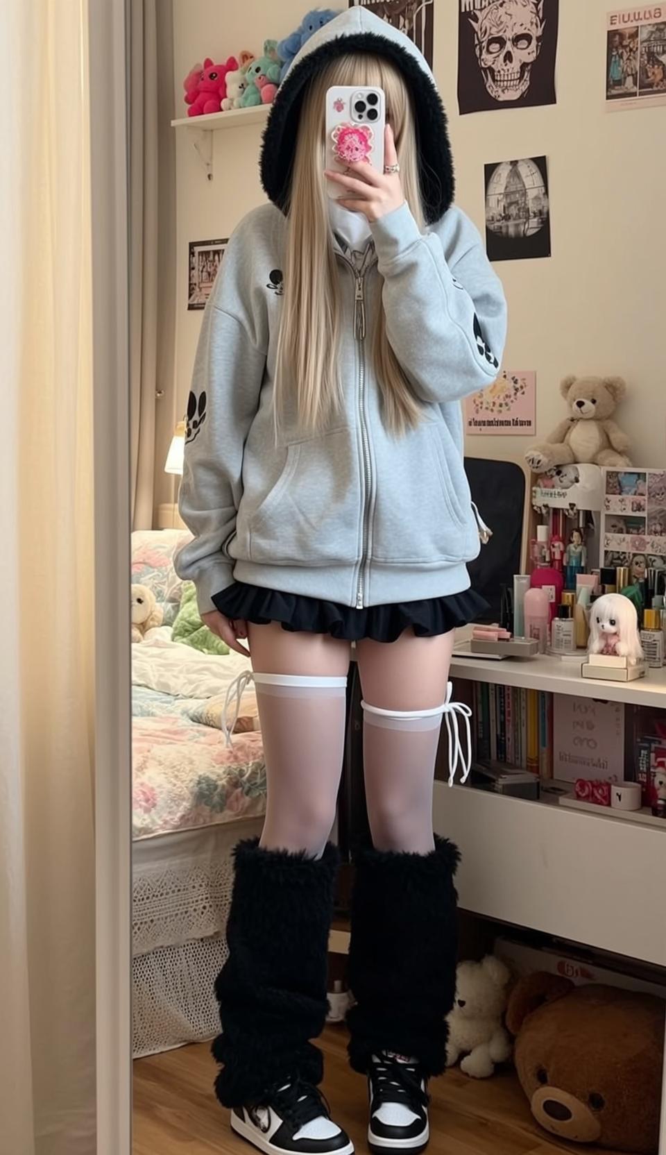 Blonde Hair Girl Grey Hoodie Ruffled Skirt Bedroom