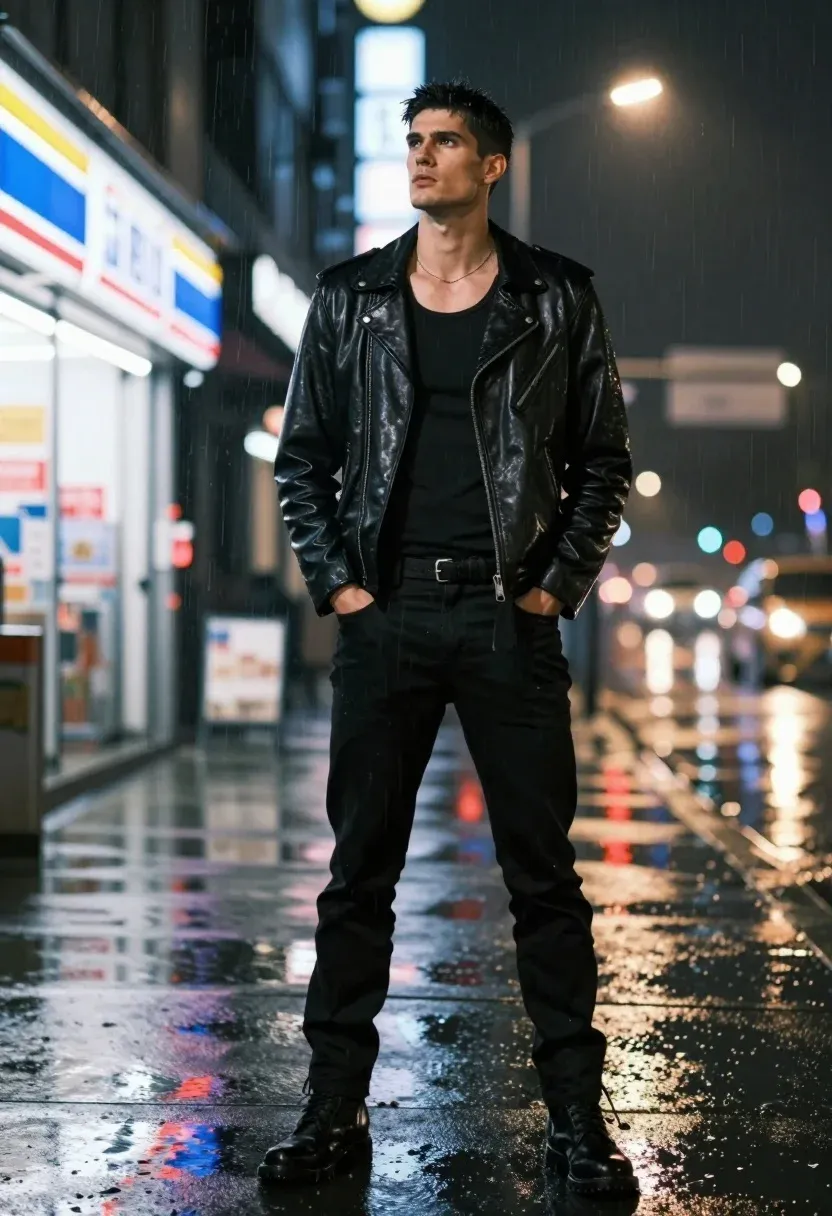 Tall Man Stands Confidently The Rain Wet City Street Night