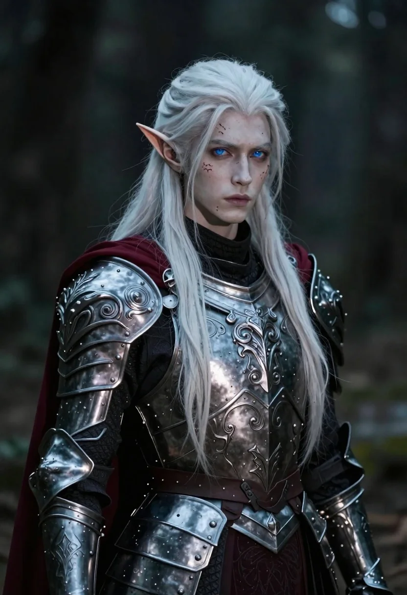 Portrait Pale-skinned Elf Warrior With Long Flowing White Hair And reference photo