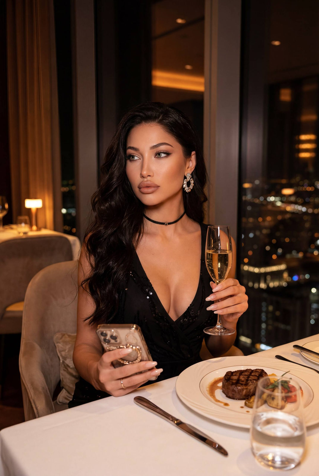 A stunning woman in a black evening dress, holding champagne and a smartphone at an elegant restaurant table, warm lighting creating a soft atmosphere.
