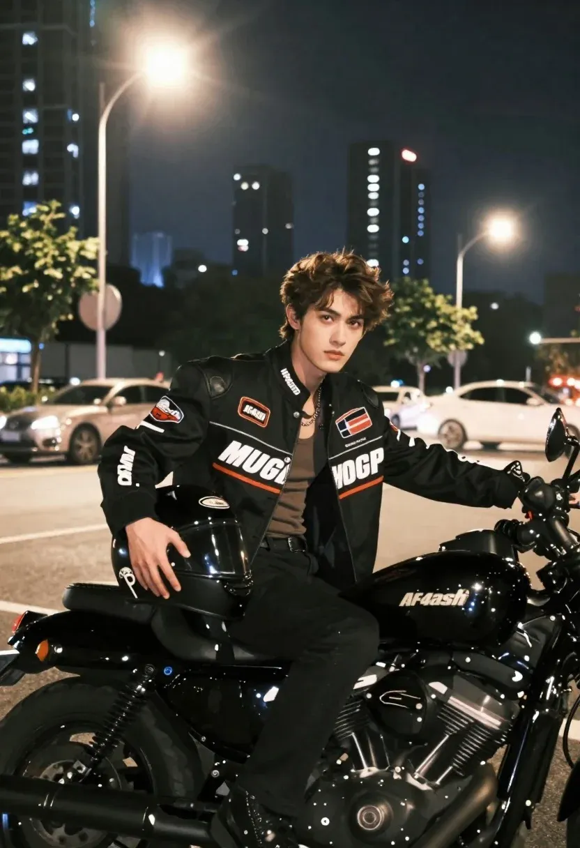 Young Man With Wavy Brown Hair Sits Confidently Black Motorcycle