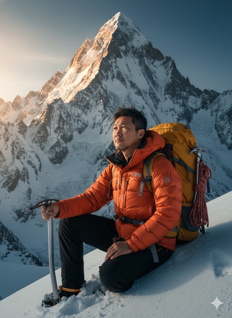 A middle-aged Asian man in a gray beanie sits on a snowy slope, gazing at a distant peak, with sunlight illuminating his orange jacket.