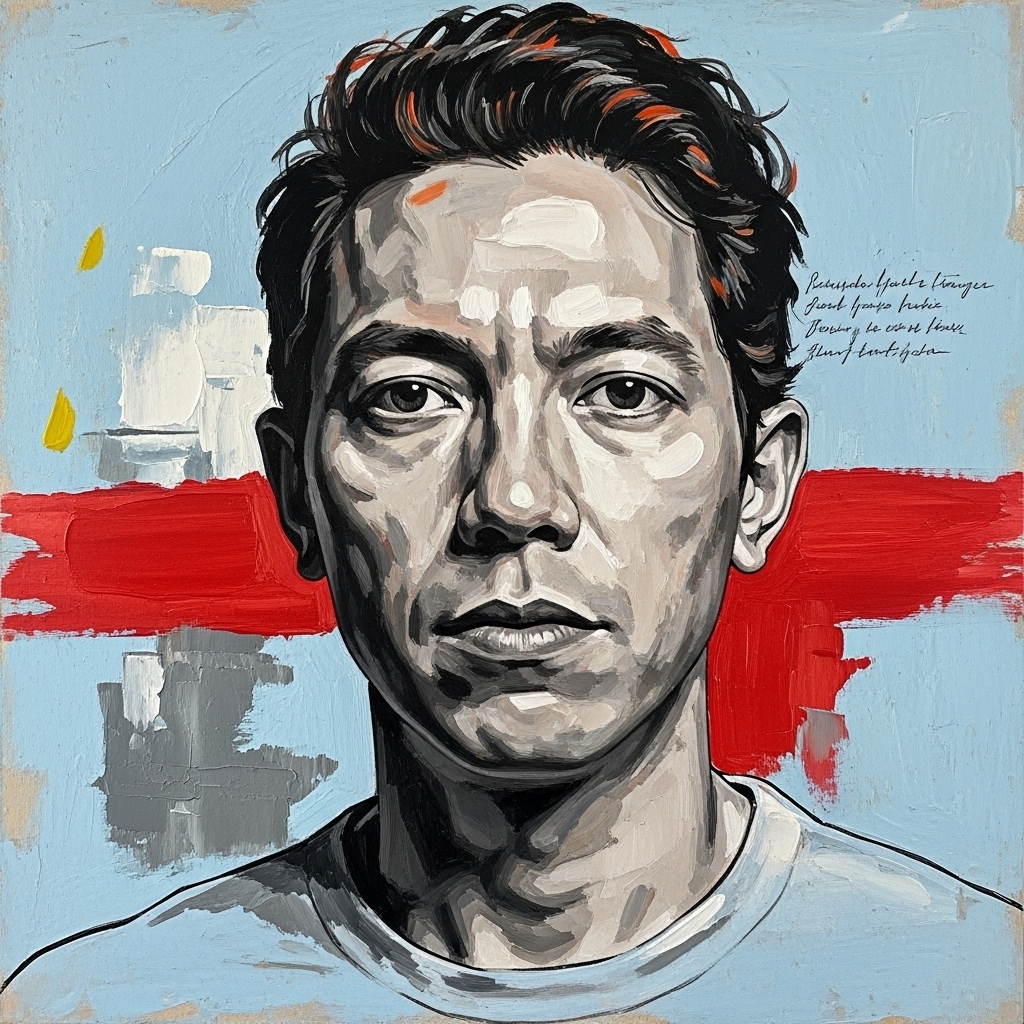 Hyper-detailed modern mixed-media portrait with a contemplative gaze, featuring bold colors and abstract elements.