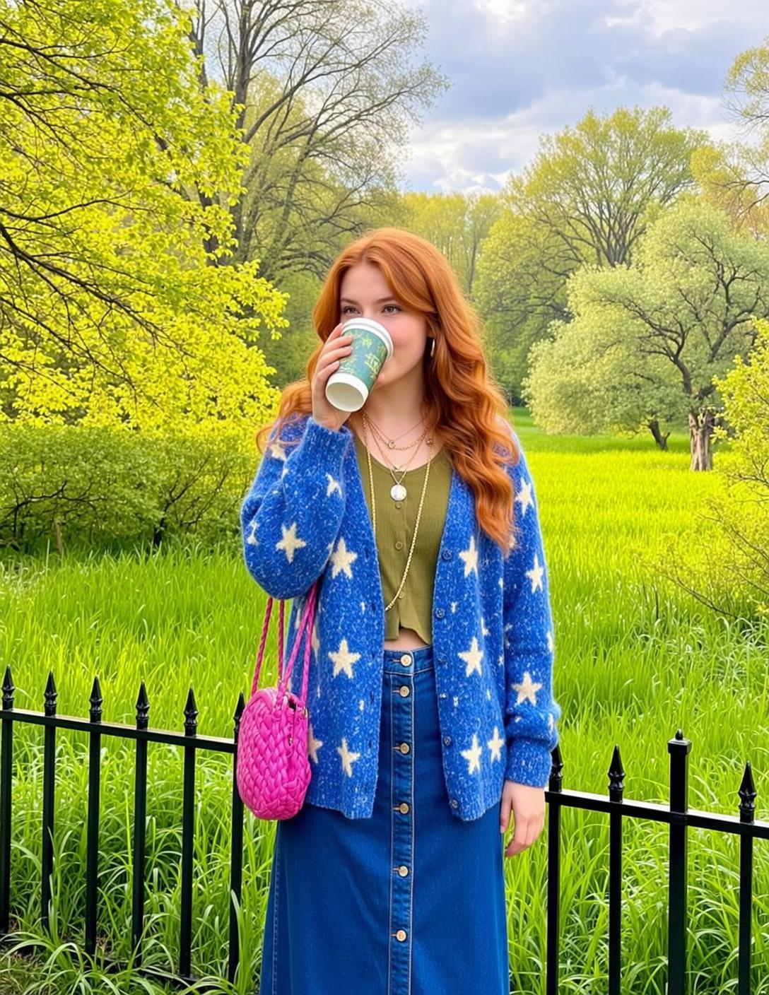 Red Hair Woman Park Green Top Denim Skirt Gold Necklaces