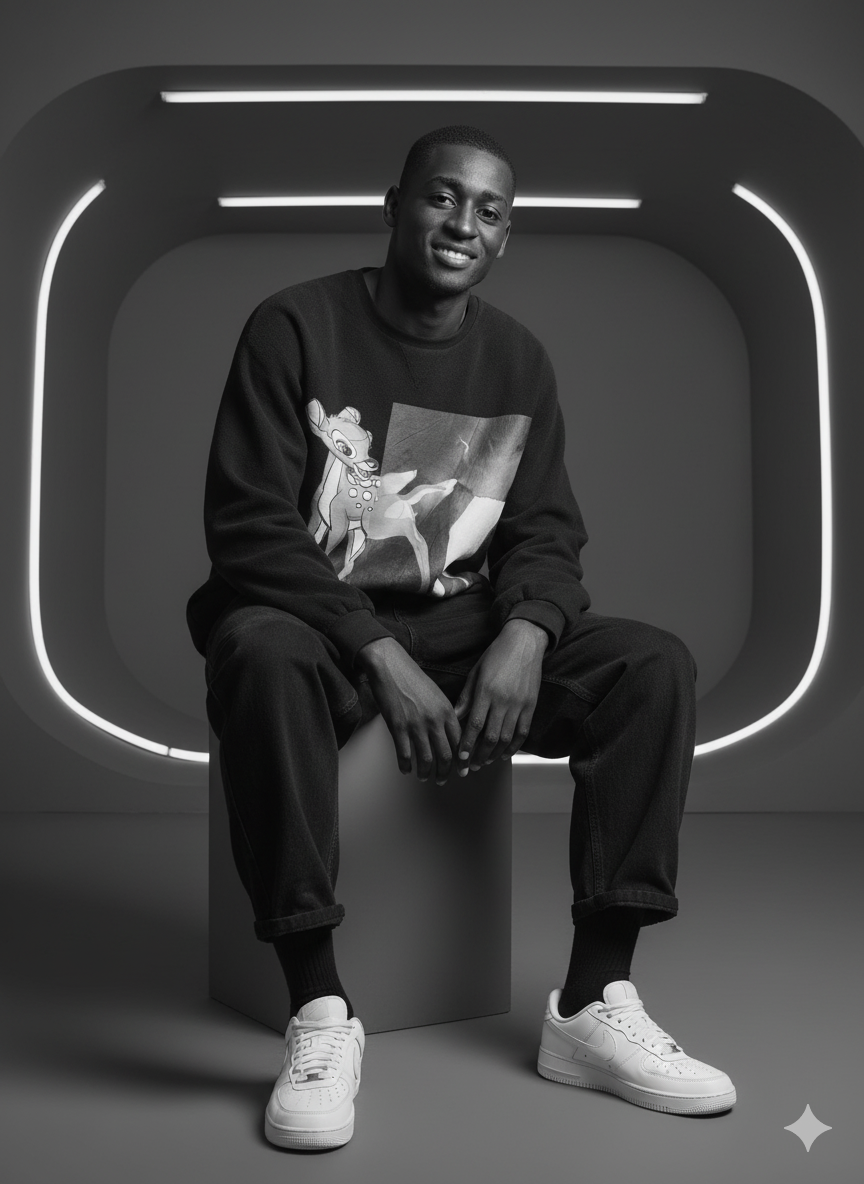 A young person with a slight smile wearing an oversized black hoodie, black jeans, and neutral white Nike sneakers, sitting elegantly in a futuristic studio.