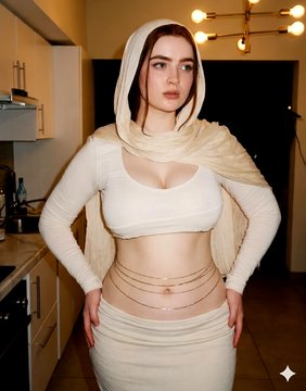 Cinematic portrait of a woman with long, wavy red hair wearing a cream headscarf in a modern kitchen.
