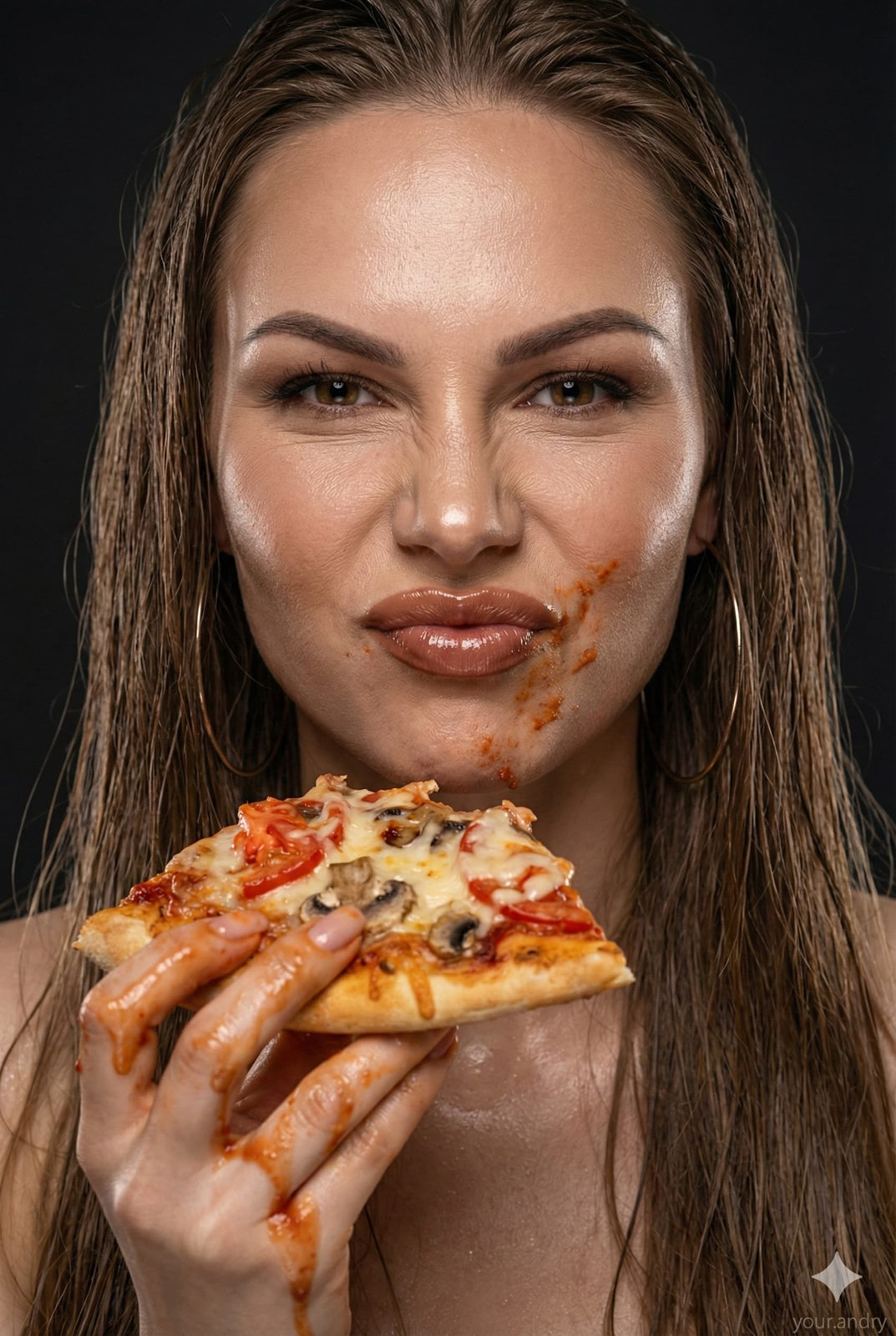 A woman scrunching her face in a quirky expression, holding a cheesy slice of pizza with messy fingers, showcasing her natural beauty and emotions.