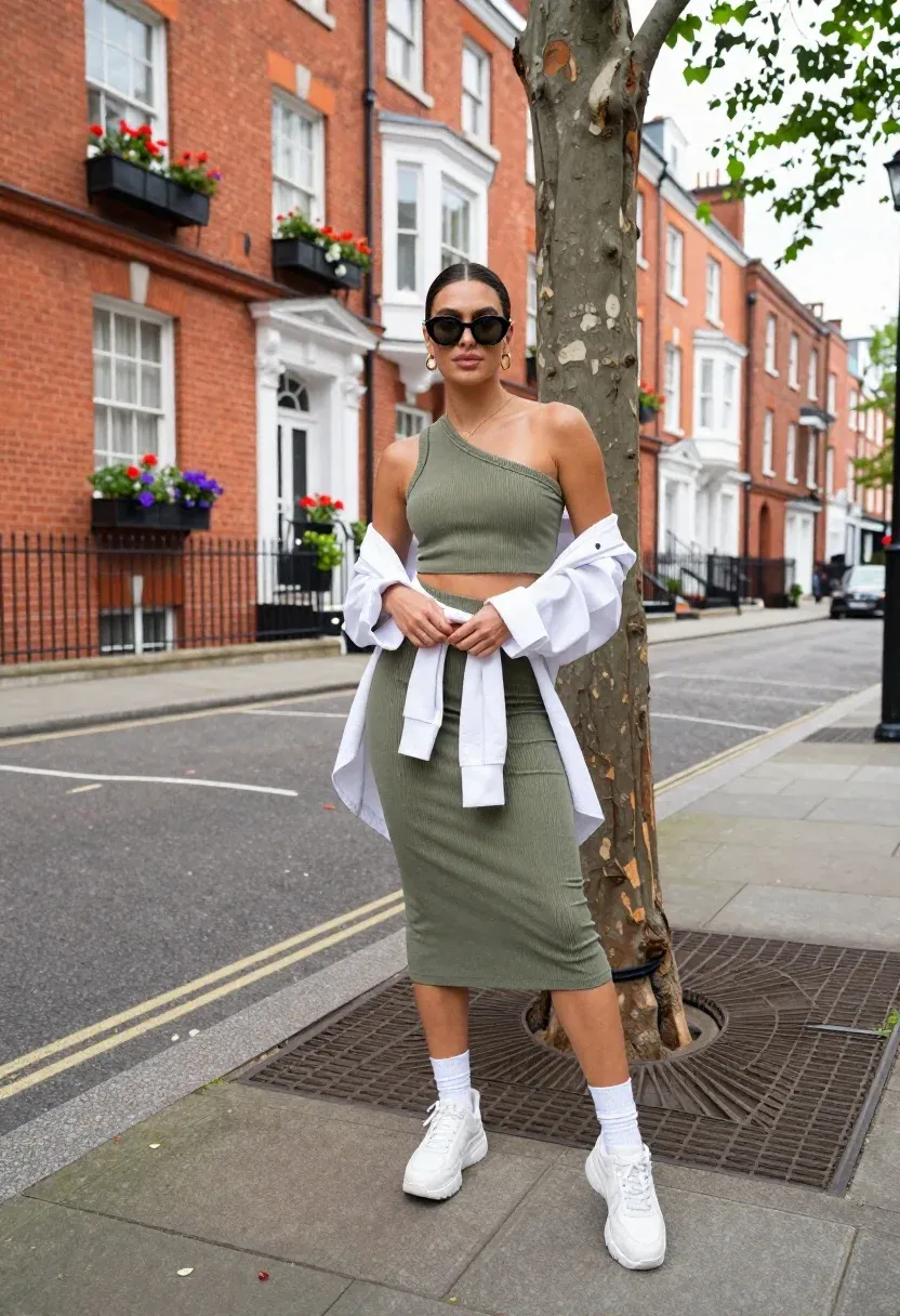Stylish Woman Stands Confidently City Sidewalk Next Tree Posing Urban