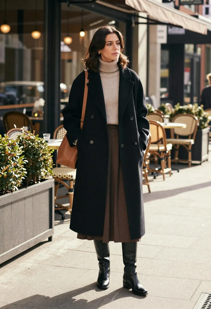 Stylish Woman Stands Confidently City Sidewalk Front Cafe With Large