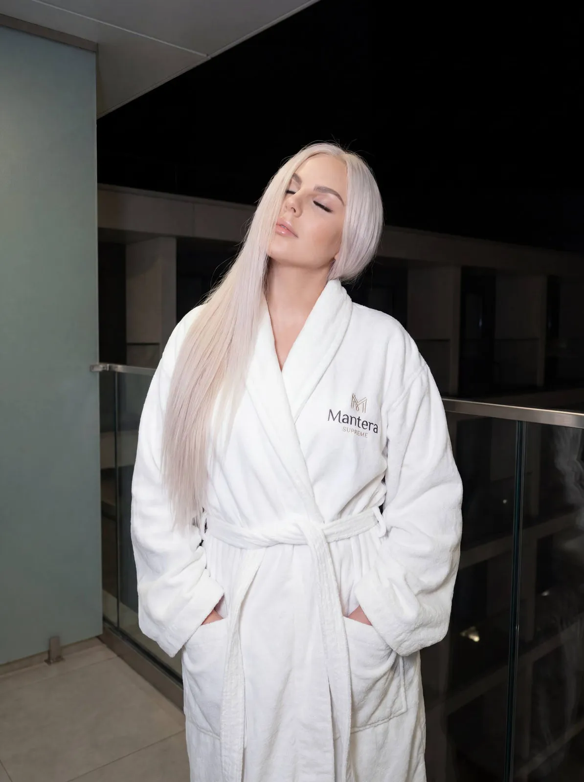 Girl On Minimalist Balcony White Bathrobe Mantera Hotel Sochi