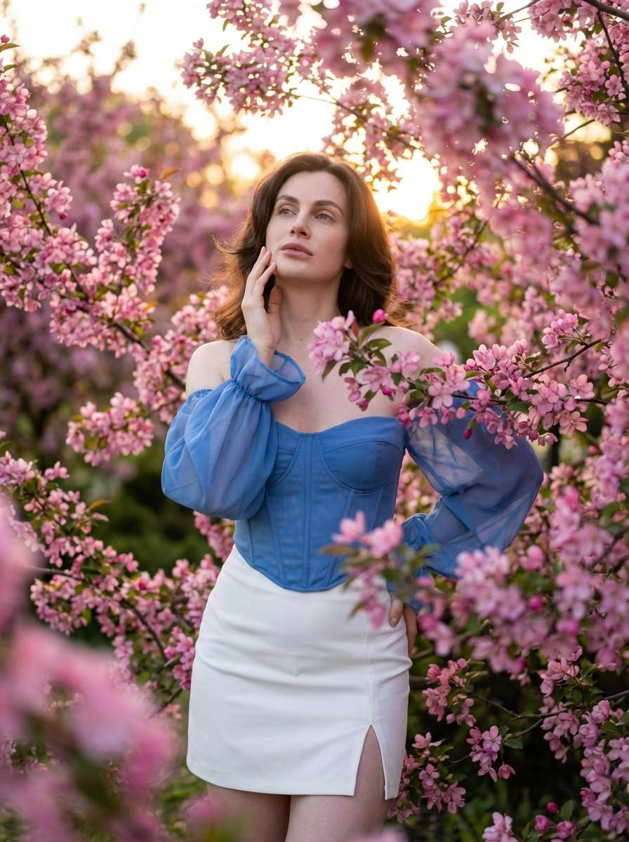 A woman gently touching her cheek surrounded by pink flowers and green leaves in a soft focus garden setting.