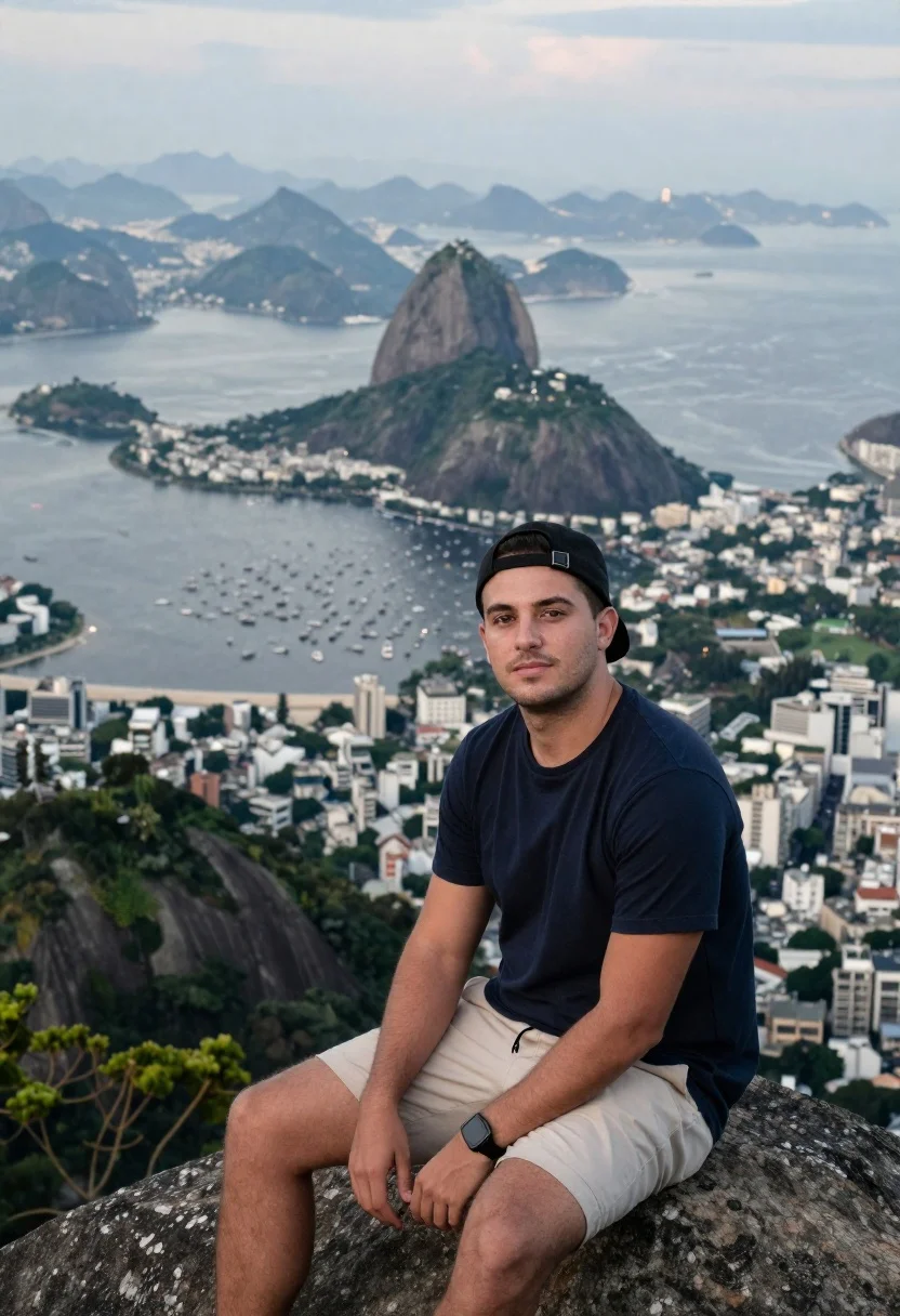 Realistic Portrait Man Sitting The Edge Mountain Peak With Panoramic reference photo