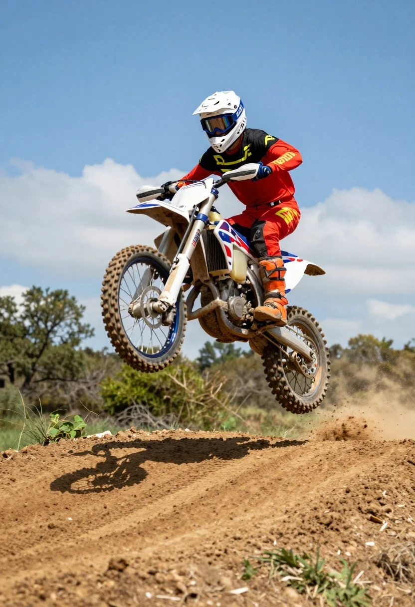 Motocross Rider Full Gear Performs High Jump Dirt Bike Against