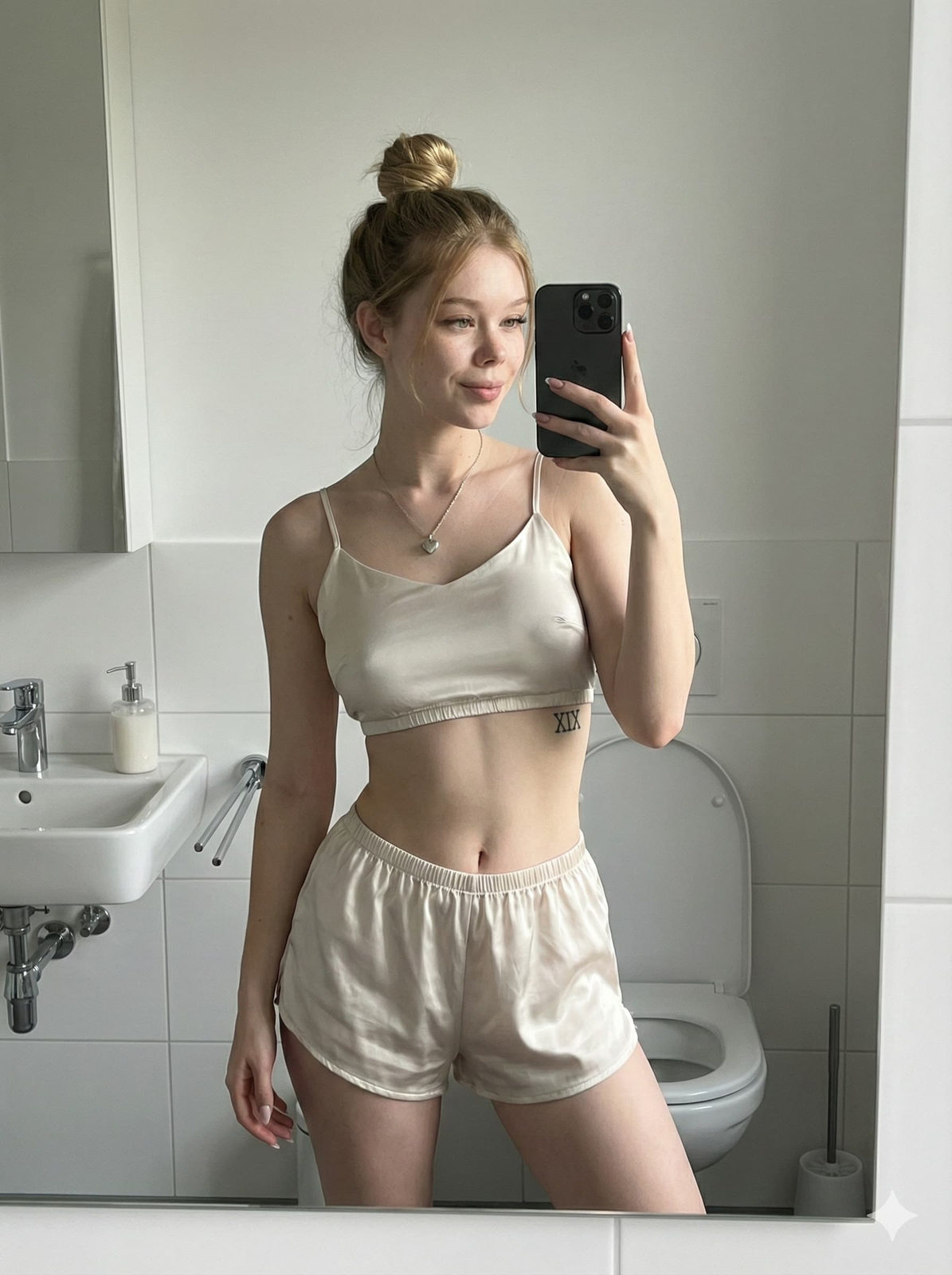 A hyper-realistic mirror selfie of a woman in a sleek silk outfit, holding an iPhone in a minimalistic bathroom