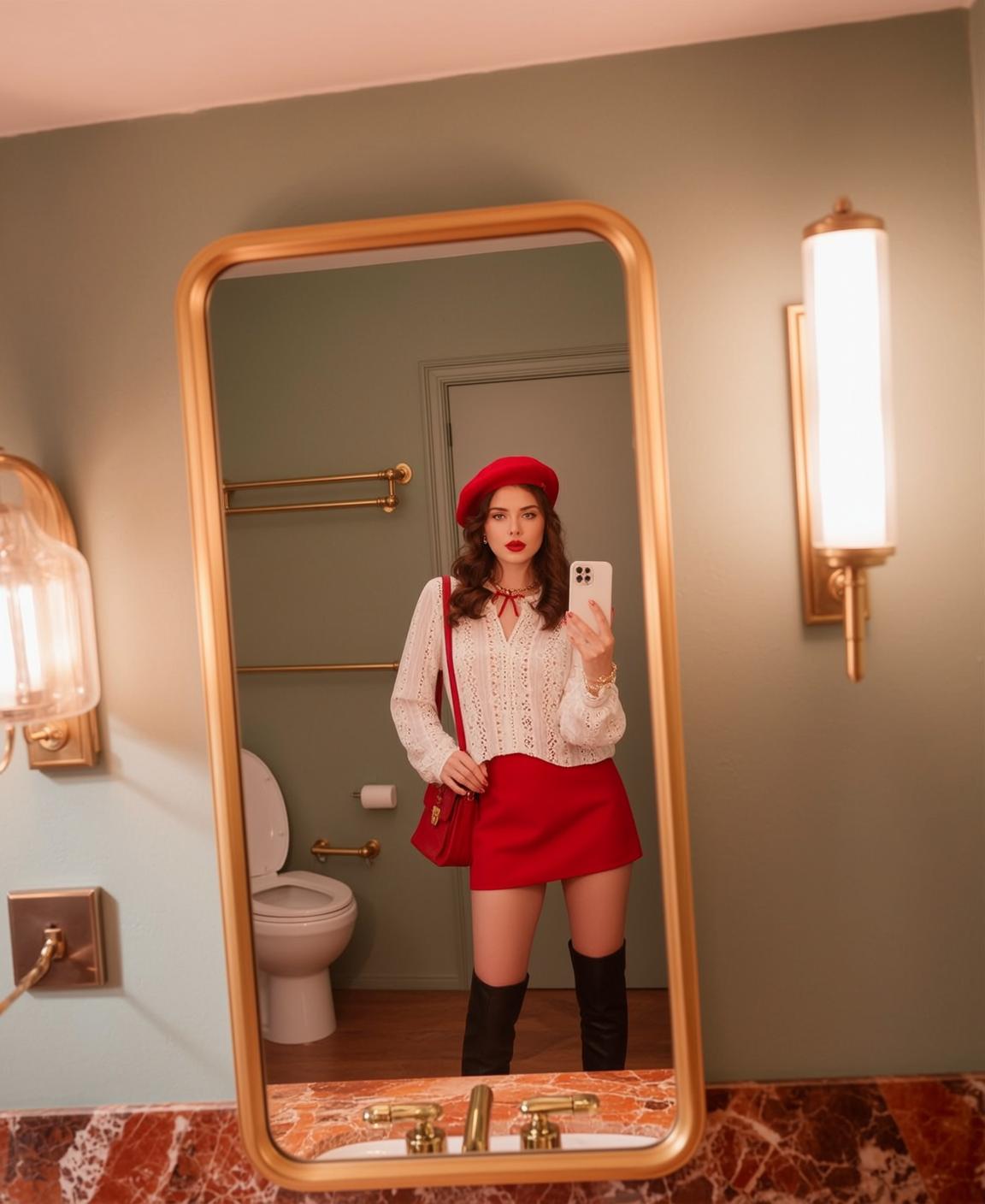 Red Beret Bathroom Selfie