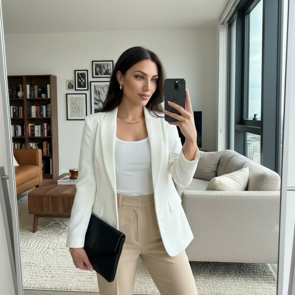 Photorealistic modern outfit-try-on business portrait preview with the reviewed outfit, pose, setting, lighting, and camera framing.