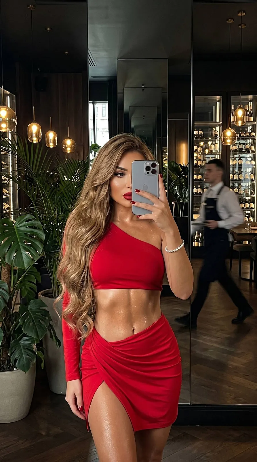 Red Asymmetrical Long Sleeve Crop Top In Ends Taking Mirror