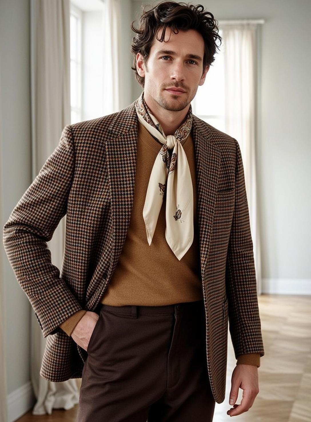 Dark Wavy Medium Length Fair Tan Crewneck