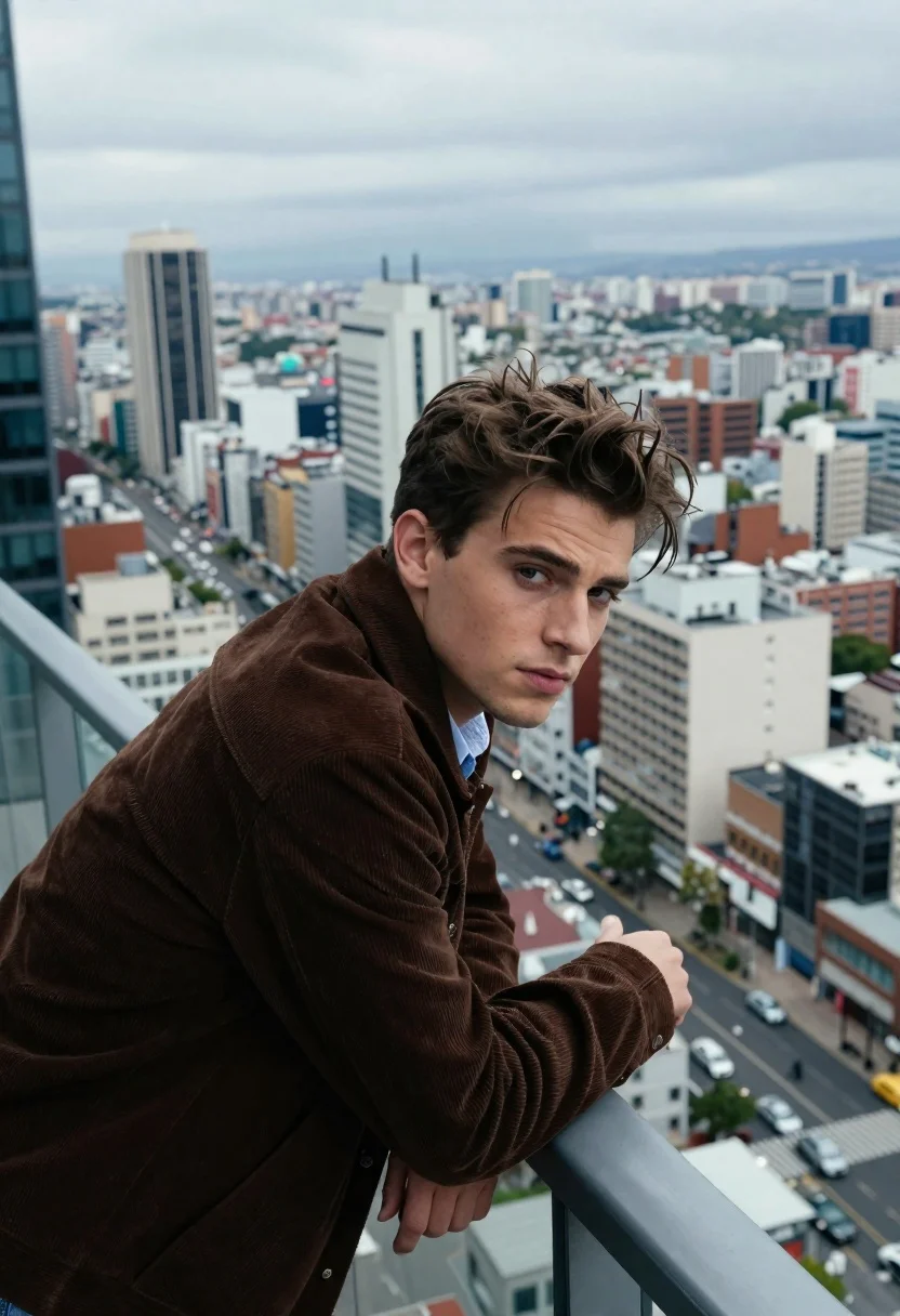 Handsome Man With Styled Brown Hair Leans Against Metal Railing reference photo