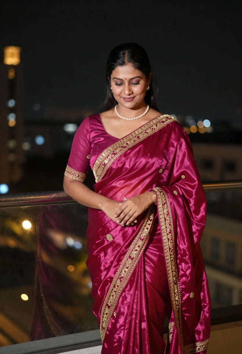 Woman Stands Gracefully Balcony Night Wearing Vibrant Magenta Silk Saree reference photo