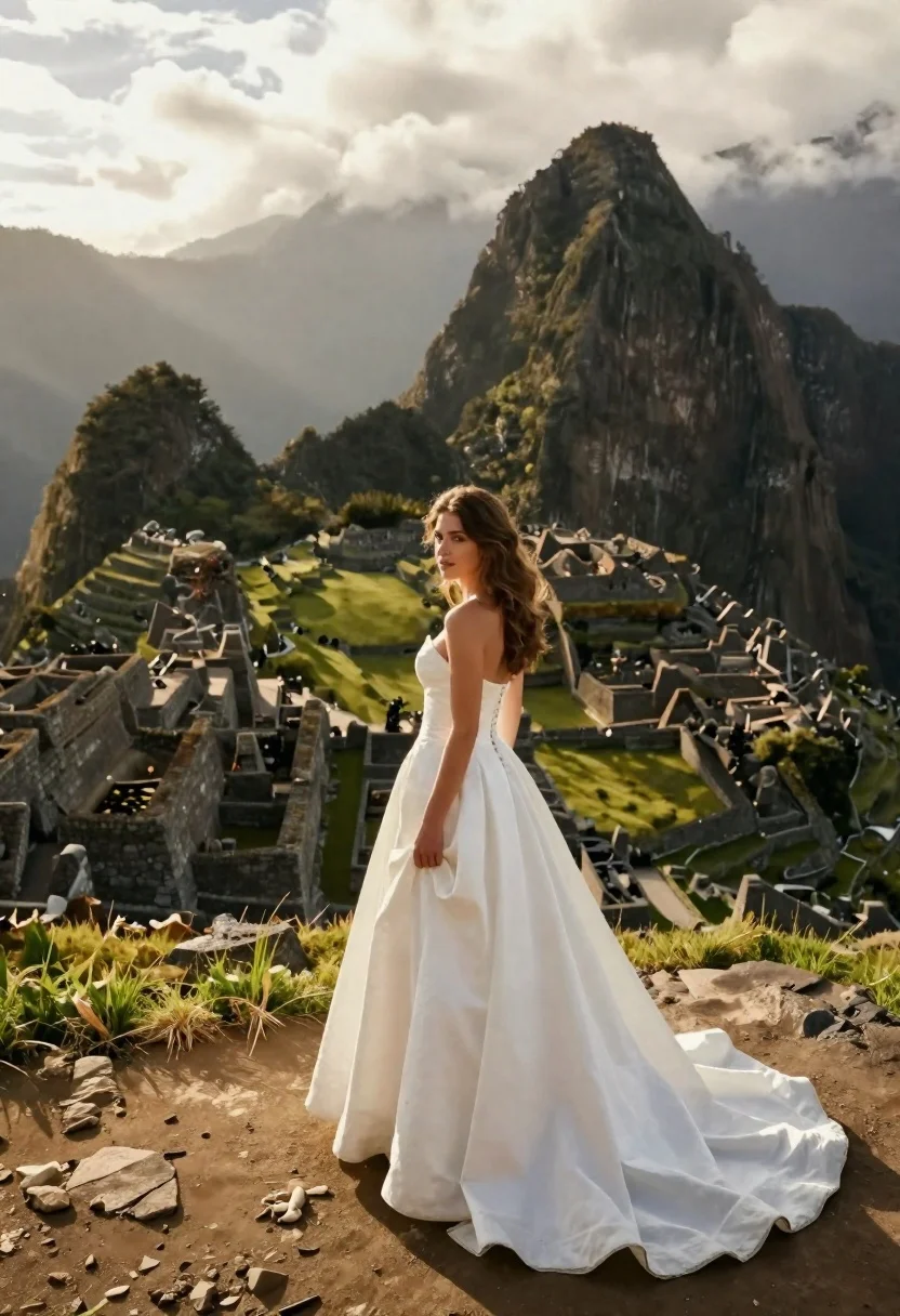 A woman stands gracefully in a flowing white strapless gown at the edge of ancient stone ruins, with majestic mountains and clouds in the background.