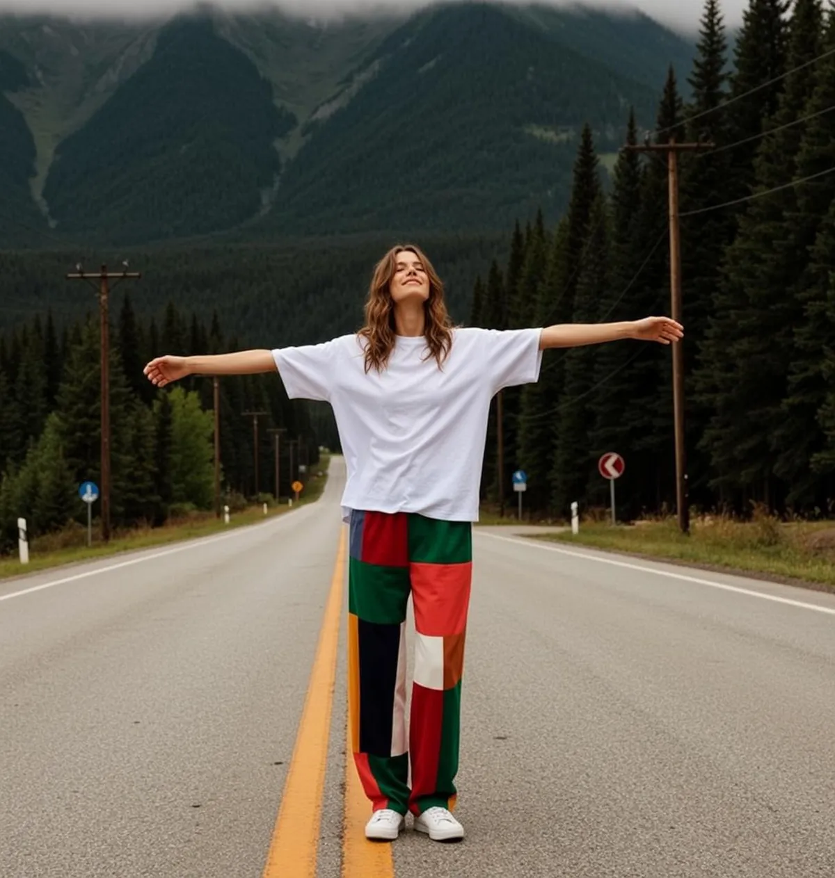 Joyful Road Outstretched Arms Mountains Forest