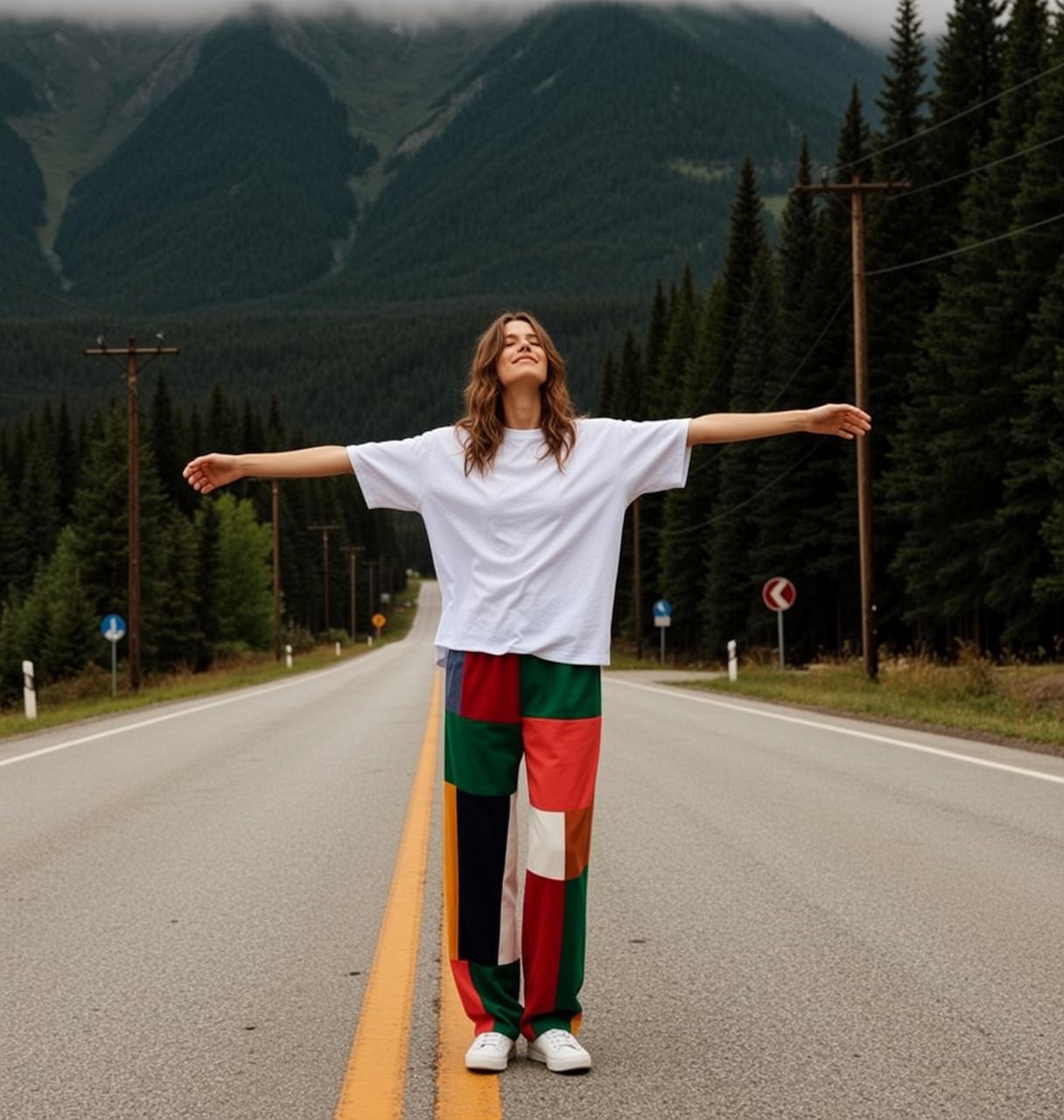 Joyful Road Outstretched Arms Mountains Forest