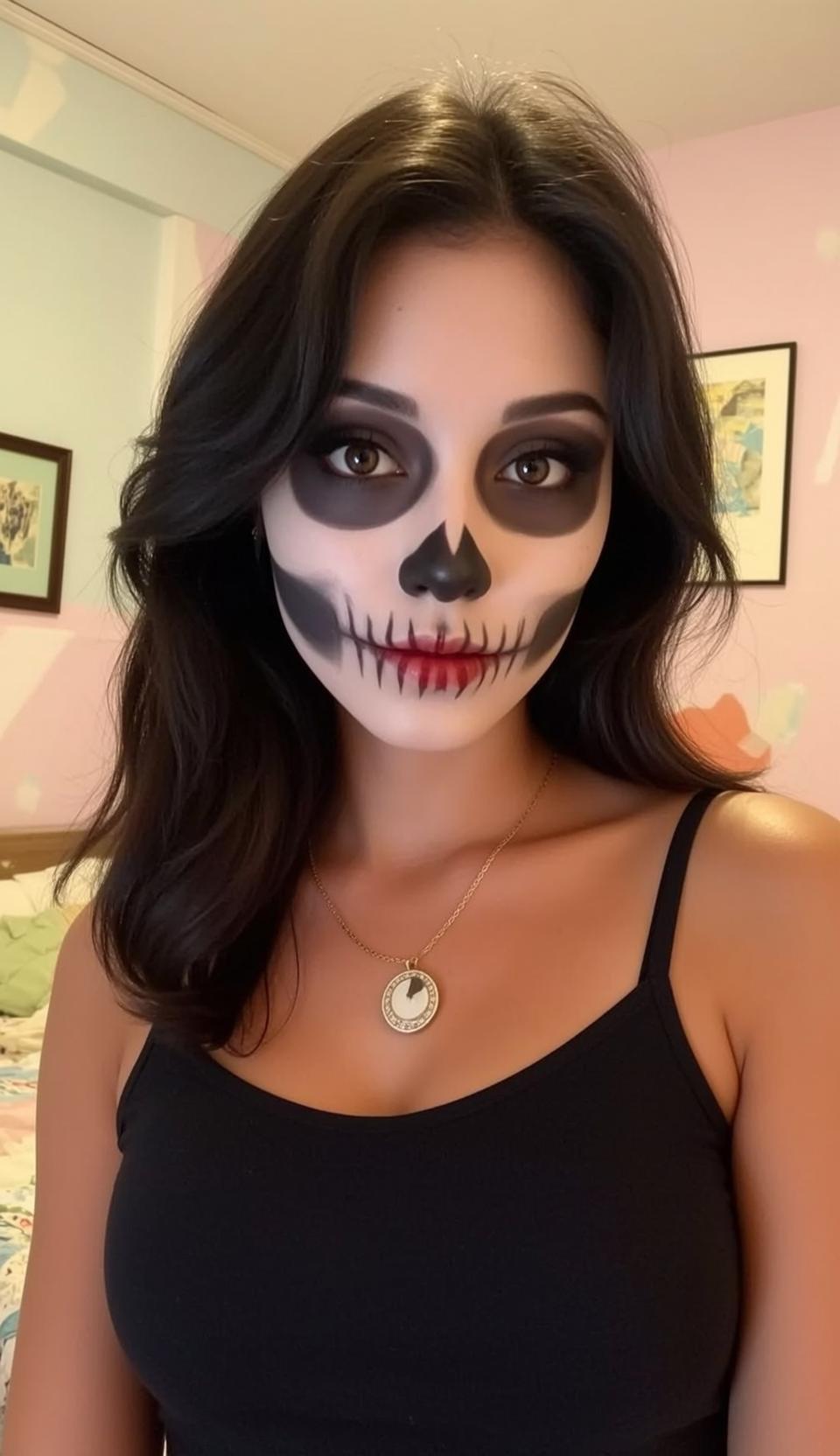 Halloween Makeup Skull Dark Brown Wavy Shoulder-length