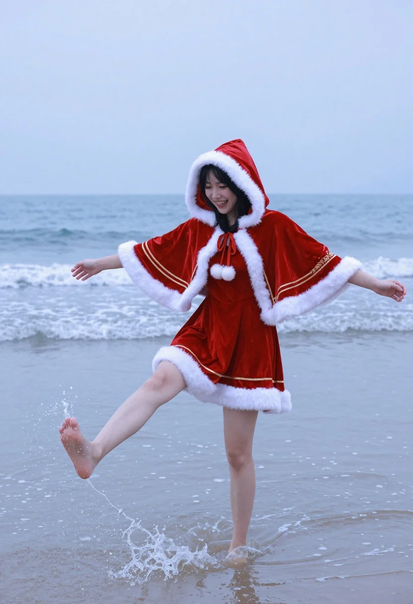 Young Woman Stands Barefoot The Shallow Surf Beach Smiling Joyfully