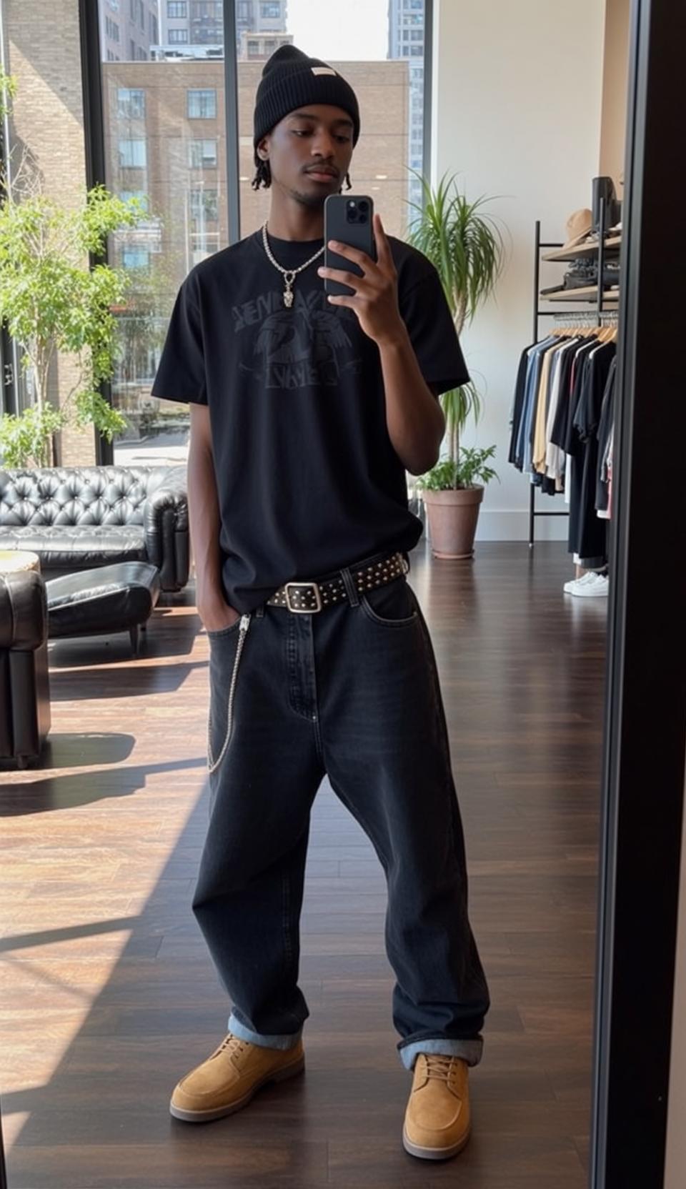 Explore Stands Facing Forward Holding Smartphone His