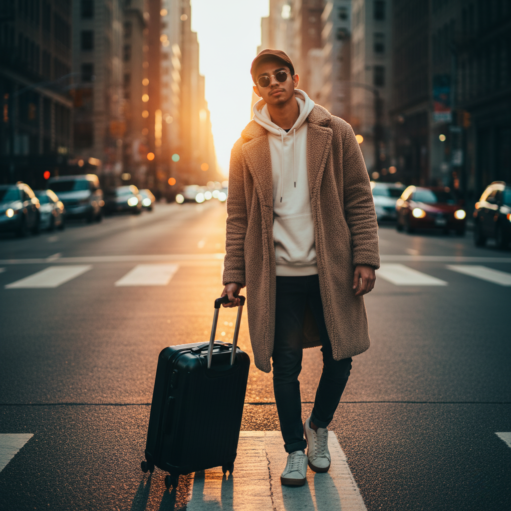 Ultra-realistic street portrait of a traveler in a beige teddy coat standing in a busy crosswalk at sunrise, holding a suitcase.