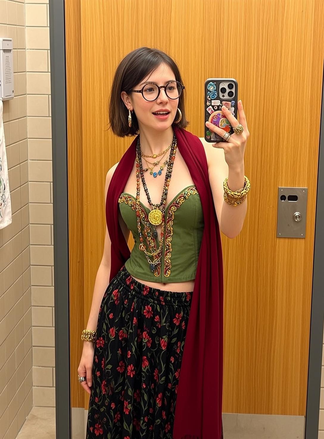 Green Corset Gold Embroidery Floral Pants